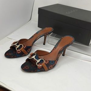 Gucci Sz 7.5 B Brown Satin Horsebit Crystal Lizard Slip On Mules Heels Sandals